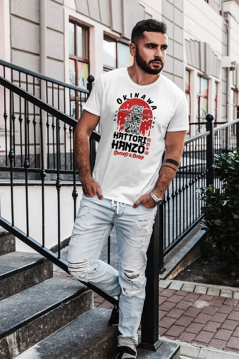 Herren T-Shirt Hattori Hanzo Sword and Sushi Okinawa Japan Schriftzeichen Fashion Streetstyle
