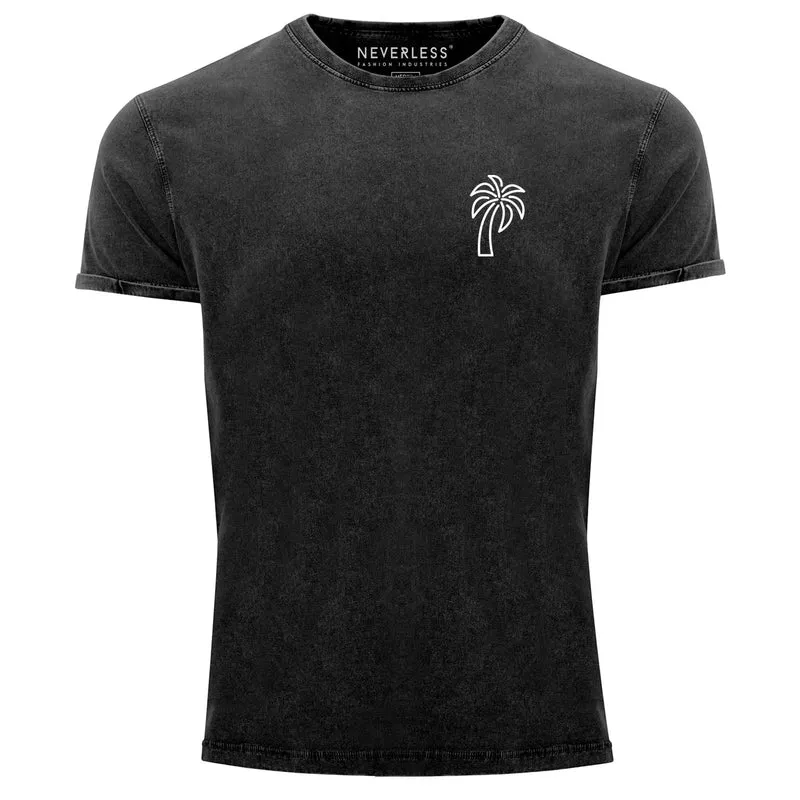 Herren Vintage Shirt Palme Logo Print Sommer Badge Emblem Minimal Line Art Fashion Streetstyle