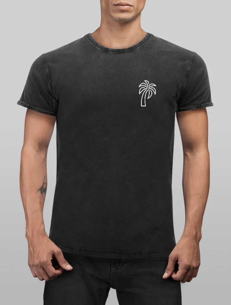Herren Vintage Shirt Palme Logo Print Sommer Badge Emblem Minimal Line Art Fashion Streetstyle