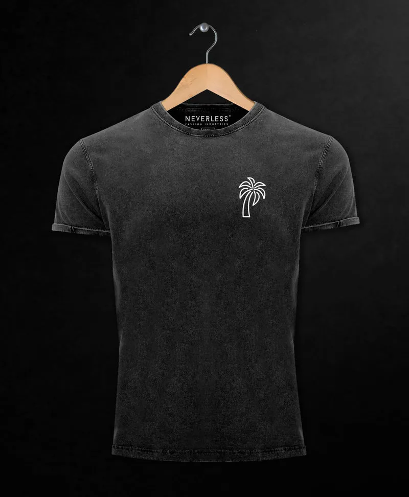 Herren Vintage Shirt Palme Logo Print Sommer Badge Emblem Minimal Line Art Fashion Streetstyle