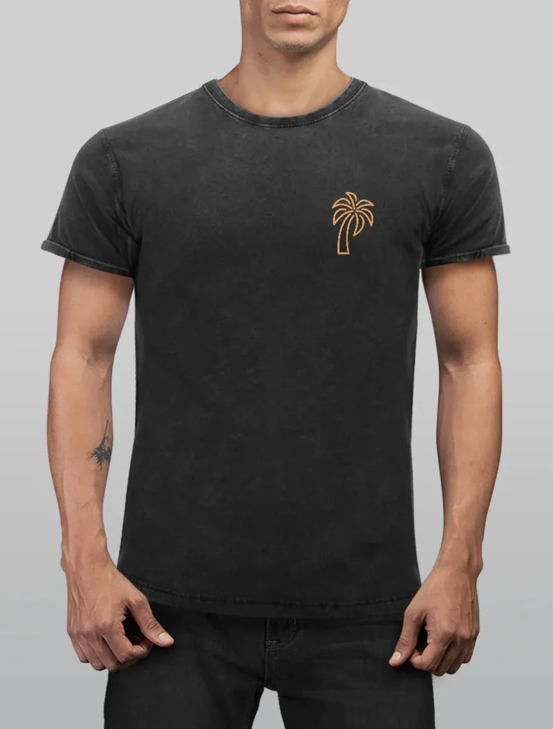 Herren Vintage Shirt Palme Logo Print Sommer Badge Emblem Minimal Line Art Fashion Streetstyle