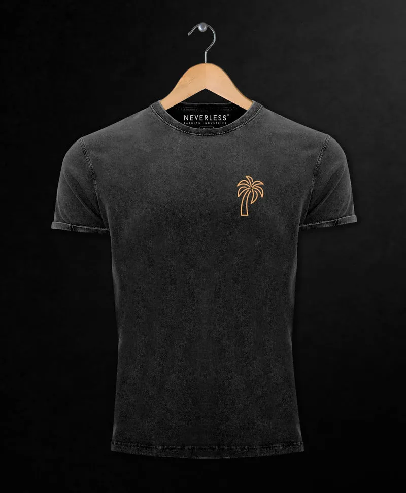 Herren Vintage Shirt Palme Logo Print Sommer Badge Emblem Minimal Line Art Fashion Streetstyle