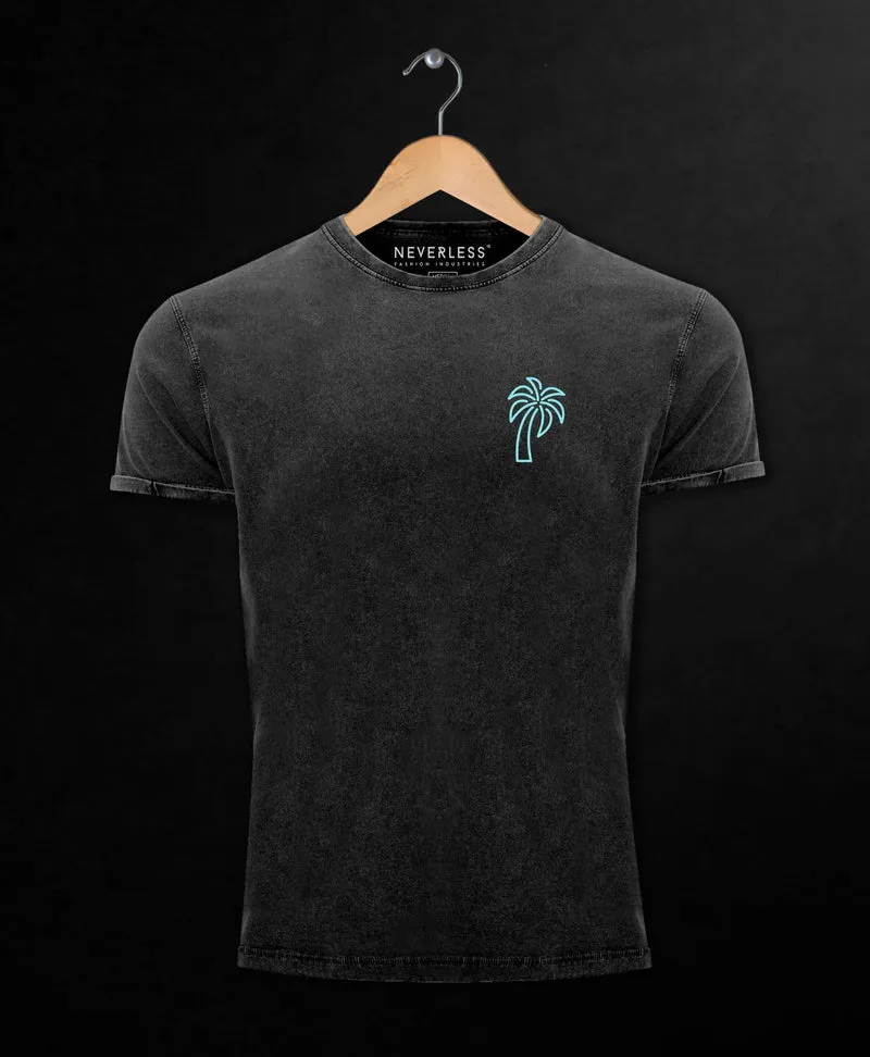 Herren Vintage Shirt Palme Logo Print Sommer Badge Emblem Minimal Line Art Fashion Streetstyle
