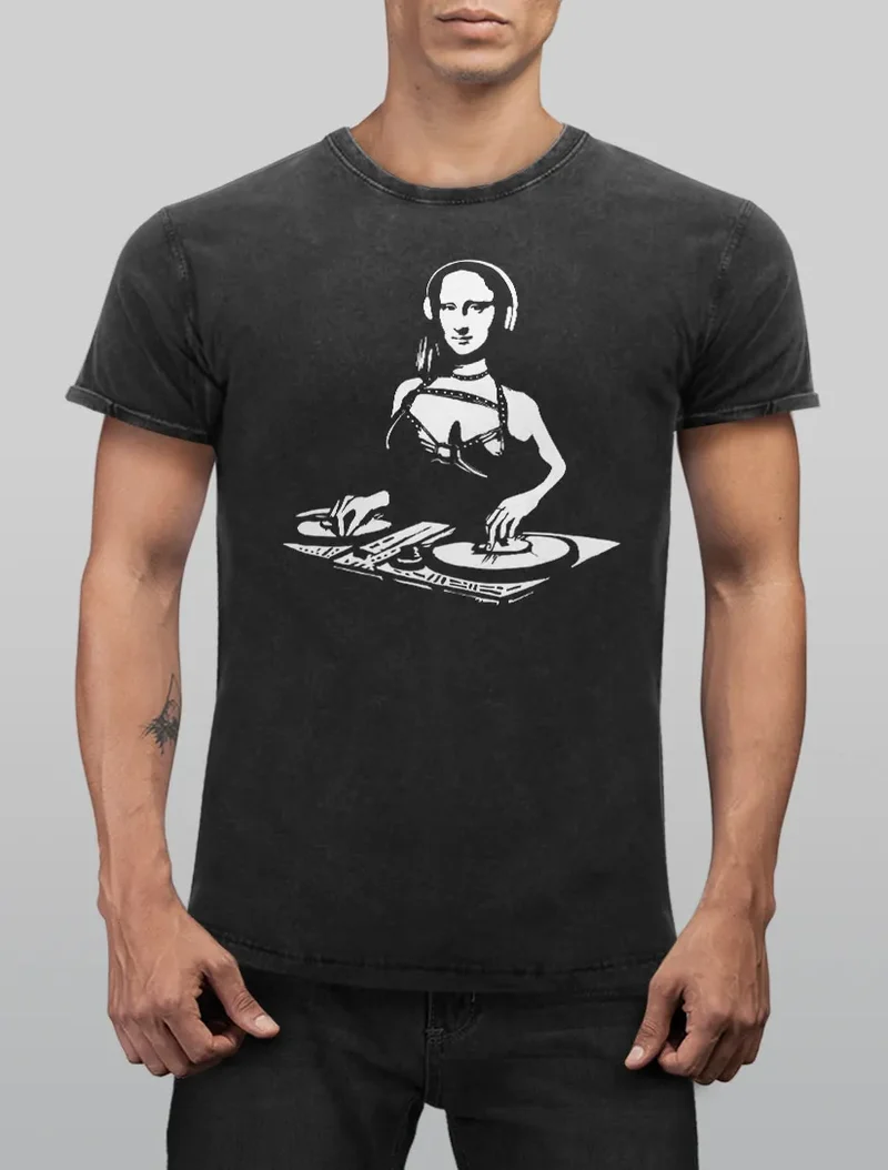 Herren Vintage Shirt Mona Lisa Techno Festival DJ Electronic Music Rave Fashion Streetstyle