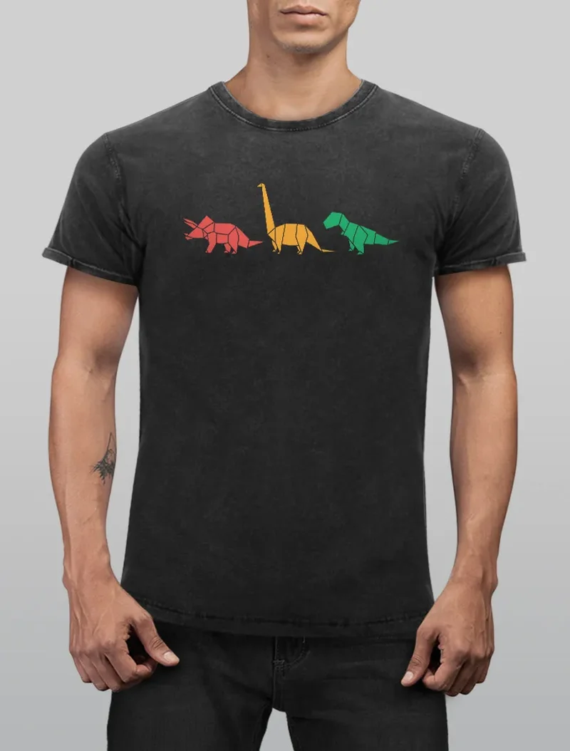 Herren Vintage Shirt Dinosaurier Aufdruck Polygon Tiere Geometric Print Fashion Streetstyle