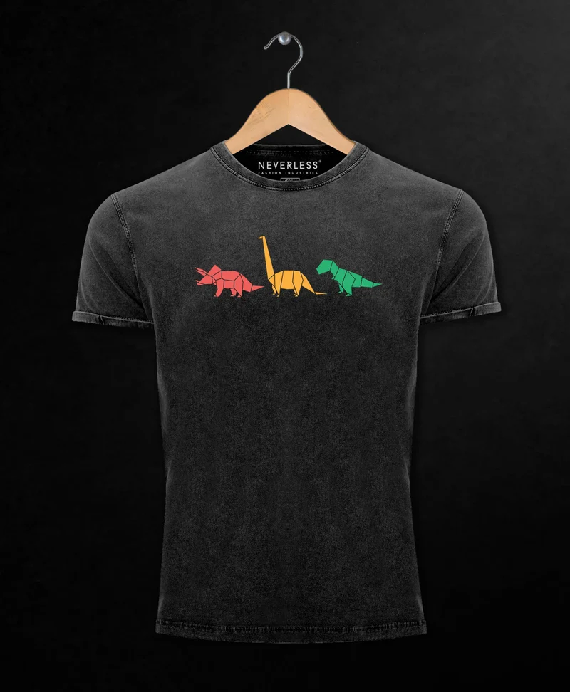 Herren Vintage Shirt Dinosaurier Aufdruck Polygon Tiere Geometric Print Fashion Streetstyle