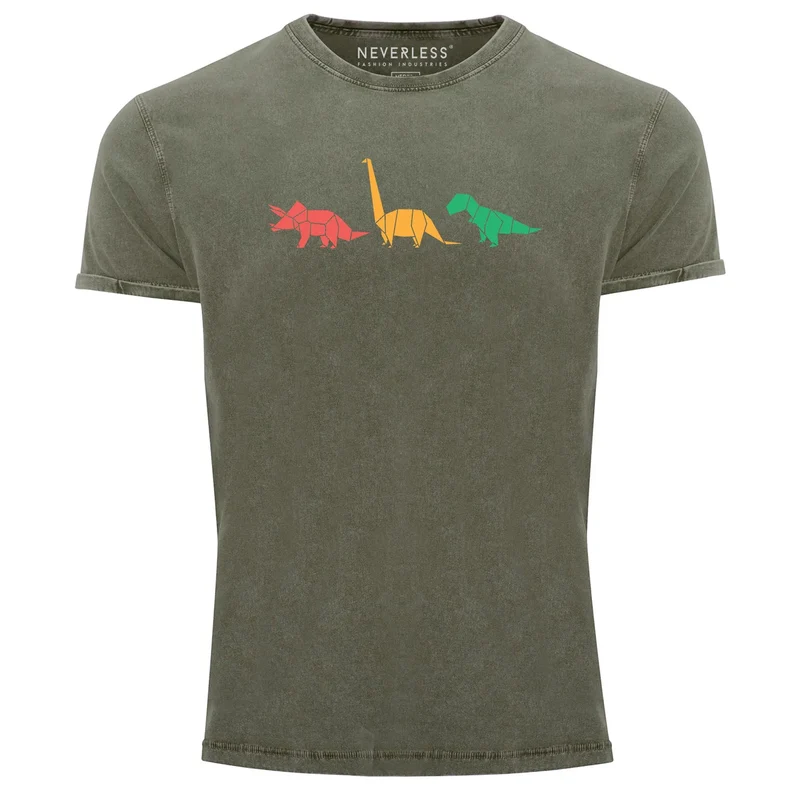 Herren Vintage Shirt Dinosaurier Aufdruck Polygon Tiere Geometric Print Fashion Streetstyle