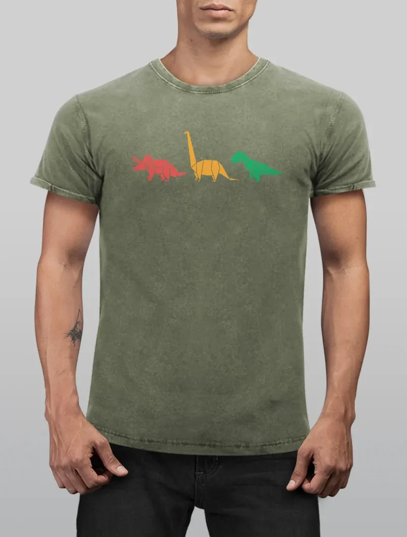 Herren Vintage Shirt Dinosaurier Aufdruck Polygon Tiere Geometric Print Fashion Streetstyle