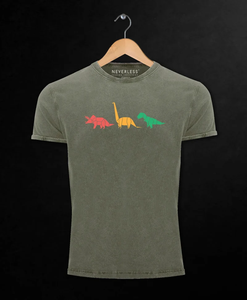 Herren Vintage Shirt Dinosaurier Aufdruck Polygon Tiere Geometric Print Fashion Streetstyle