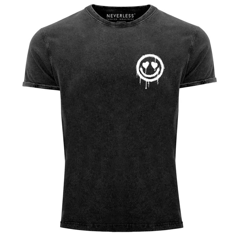 Herren Vintage Shirt Print Aufdruck Motiv Drip Face Drippy Smile Herz-Augen Lächeln Graffiti Fashion Streetstyle