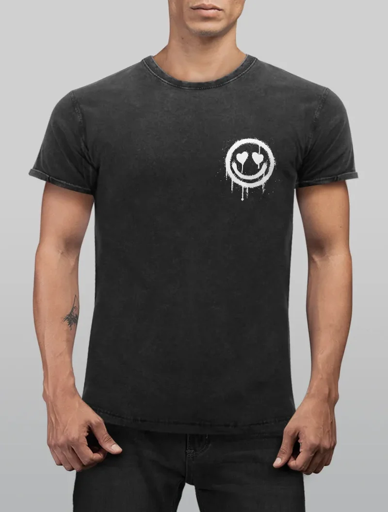 Herren Vintage Shirt Print Aufdruck Motiv Drip Face Drippy Smile Herz-Augen Lächeln Graffiti Fashion Streetstyle