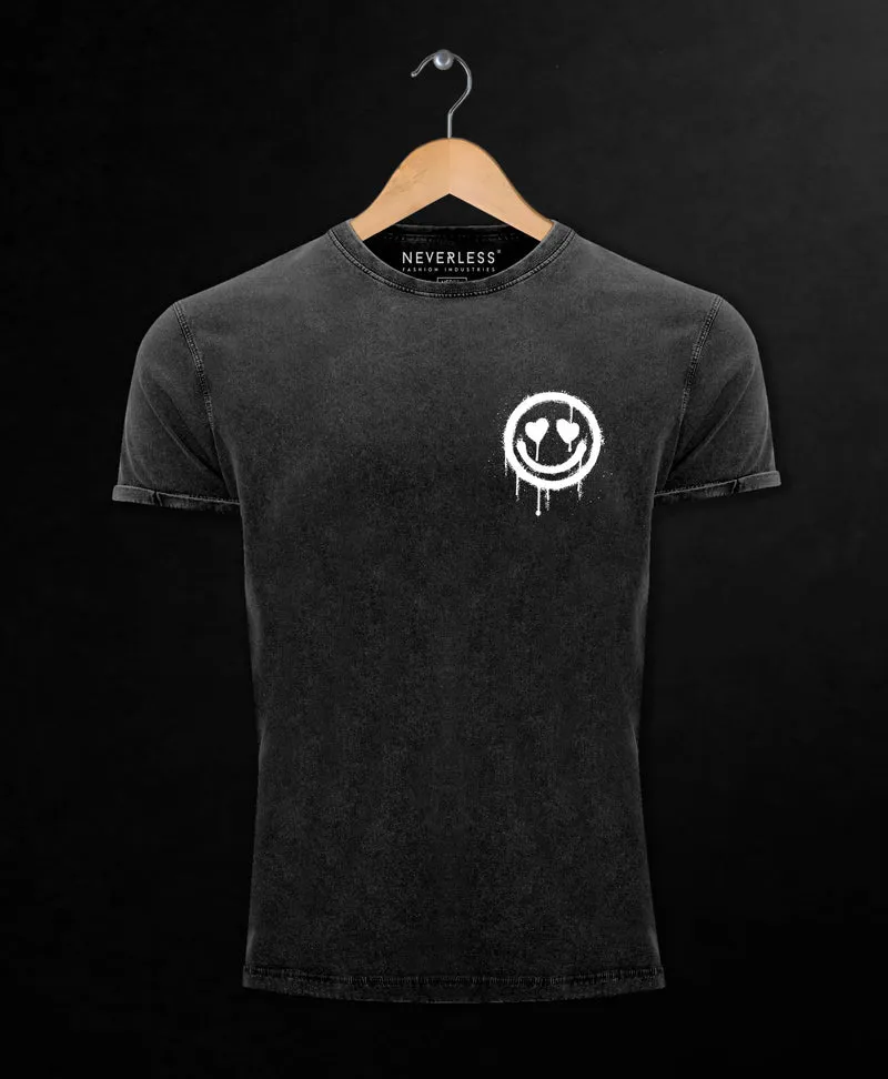 Herren Vintage Shirt Print Aufdruck Motiv Drip Face Drippy Smile Herz-Augen Lächeln Graffiti Fashion Streetstyle