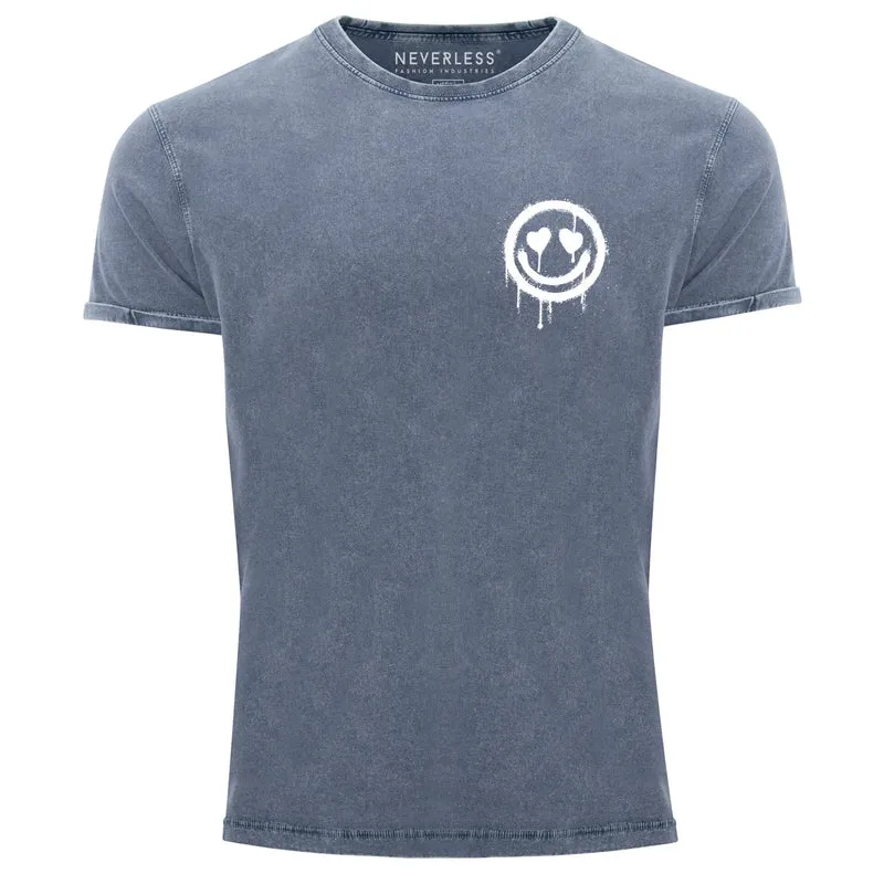 Herren Vintage Shirt Print Aufdruck Motiv Drip Face Drippy Smile Herz-Augen Lächeln Graffiti Fashion Streetstyle