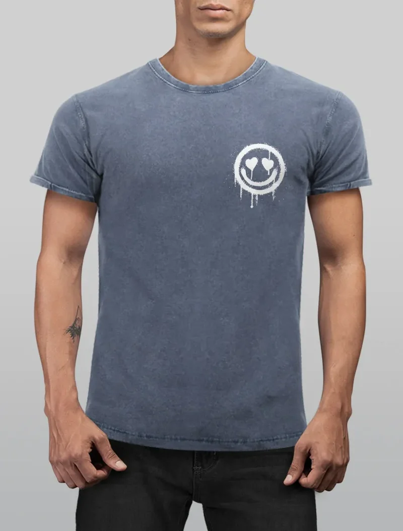 Herren Vintage Shirt Print Aufdruck Motiv Drip Face Drippy Smile Herz-Augen Lächeln Graffiti Fashion Streetstyle