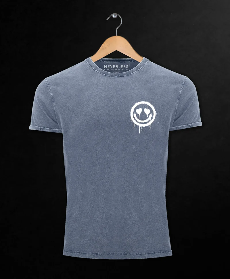 Herren Vintage Shirt Print Aufdruck Motiv Drip Face Drippy Smile Herz-Augen Lächeln Graffiti Fashion Streetstyle