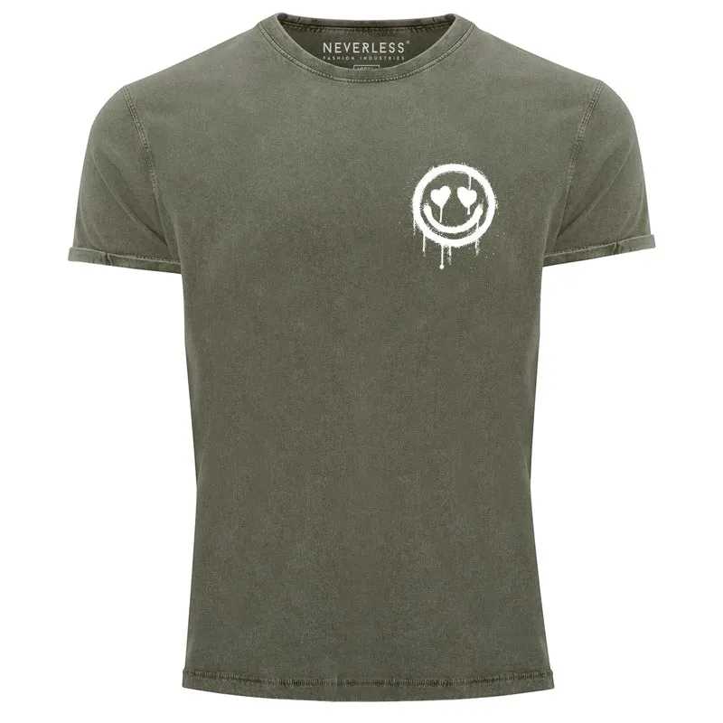 Herren Vintage Shirt Print Aufdruck Motiv Drip Face Drippy Smile Herz-Augen Lächeln Graffiti Fashion Streetstyle