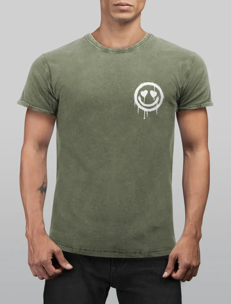 Herren Vintage Shirt Print Aufdruck Motiv Drip Face Drippy Smile Herz-Augen Lächeln Graffiti Fashion Streetstyle