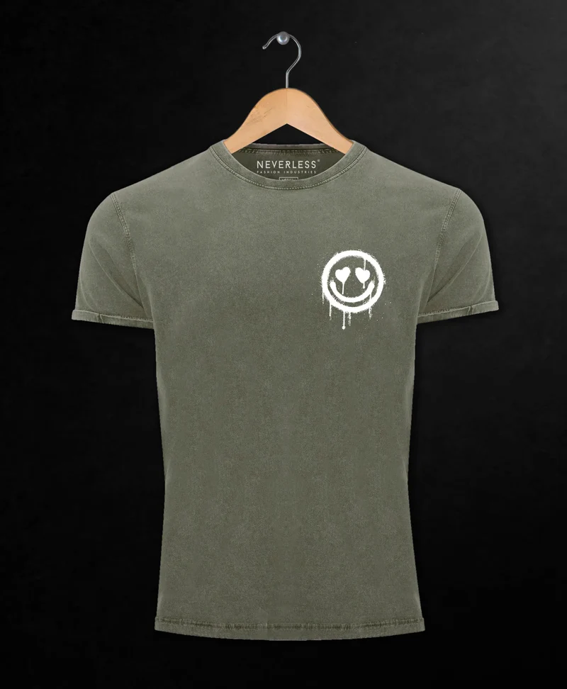 Herren Vintage Shirt Print Aufdruck Motiv Drip Face Drippy Smile Herz-Augen Lächeln Graffiti Fashion Streetstyle