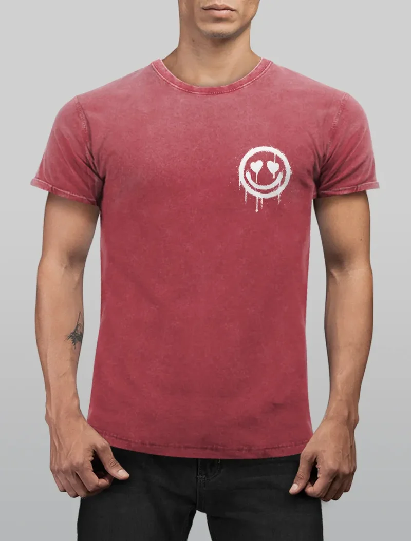 Herren Vintage Shirt Print Aufdruck Motiv Drip Face Drippy Smile Herz-Augen Lächeln Graffiti Fashion Streetstyle