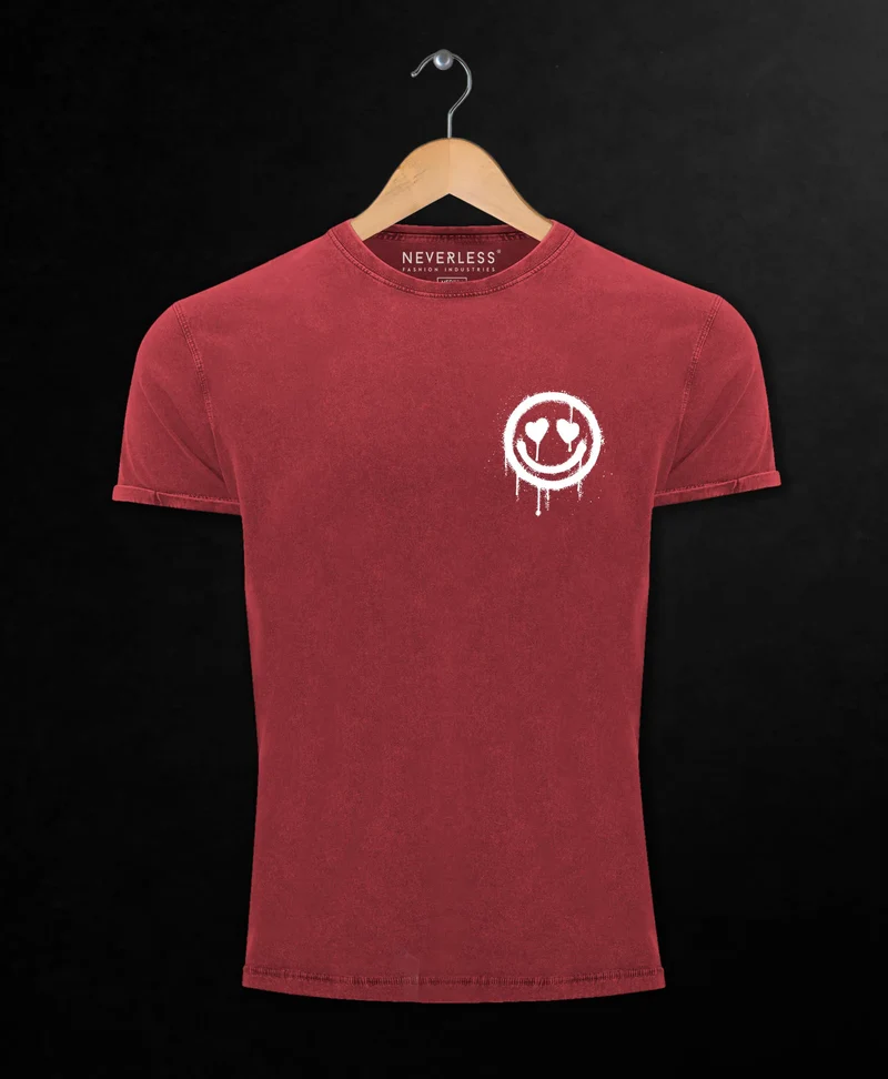 Herren Vintage Shirt Print Aufdruck Motiv Drip Face Drippy Smile Herz-Augen Lächeln Graffiti Fashion Streetstyle
