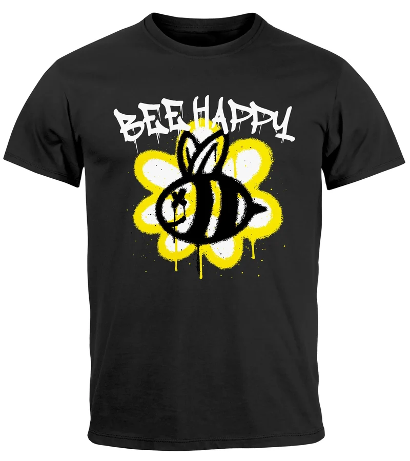 Herren T-Shirt Aufdruck Bee Happy Biene Blume Graffiti SchriftzugFashion Streetstyle