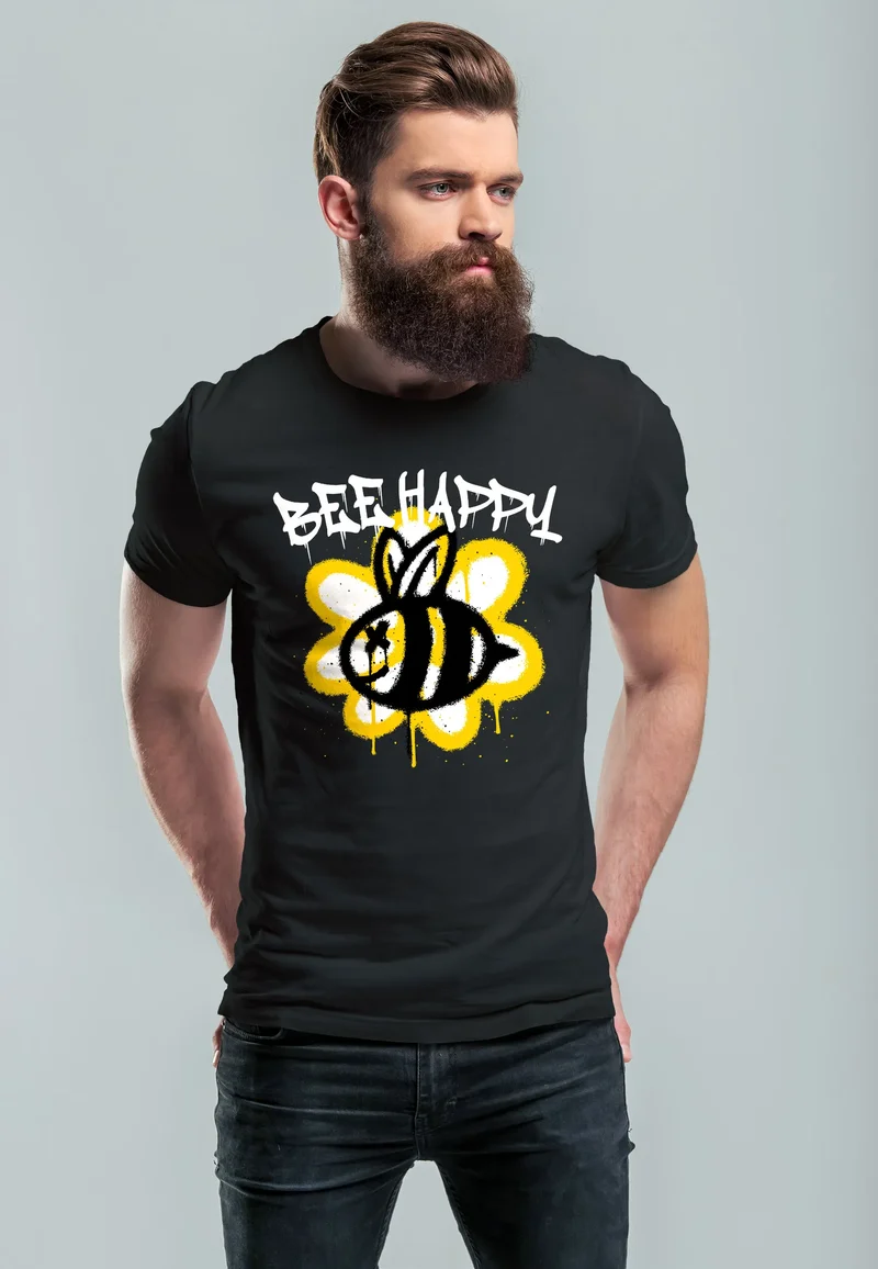 Herren T-Shirt Aufdruck Bee Happy Biene Blume Graffiti SchriftzugFashion Streetstyle