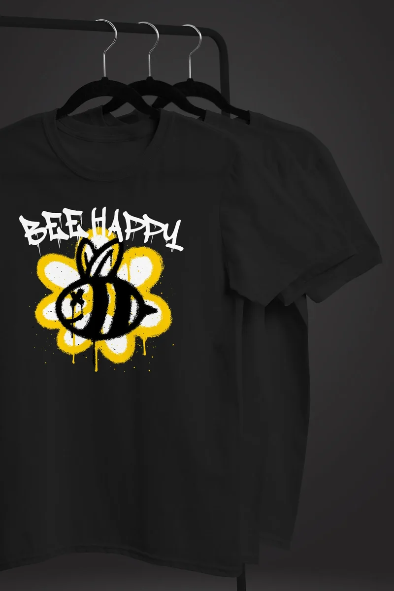 Herren T-Shirt Aufdruck Bee Happy Biene Blume Graffiti SchriftzugFashion Streetstyle