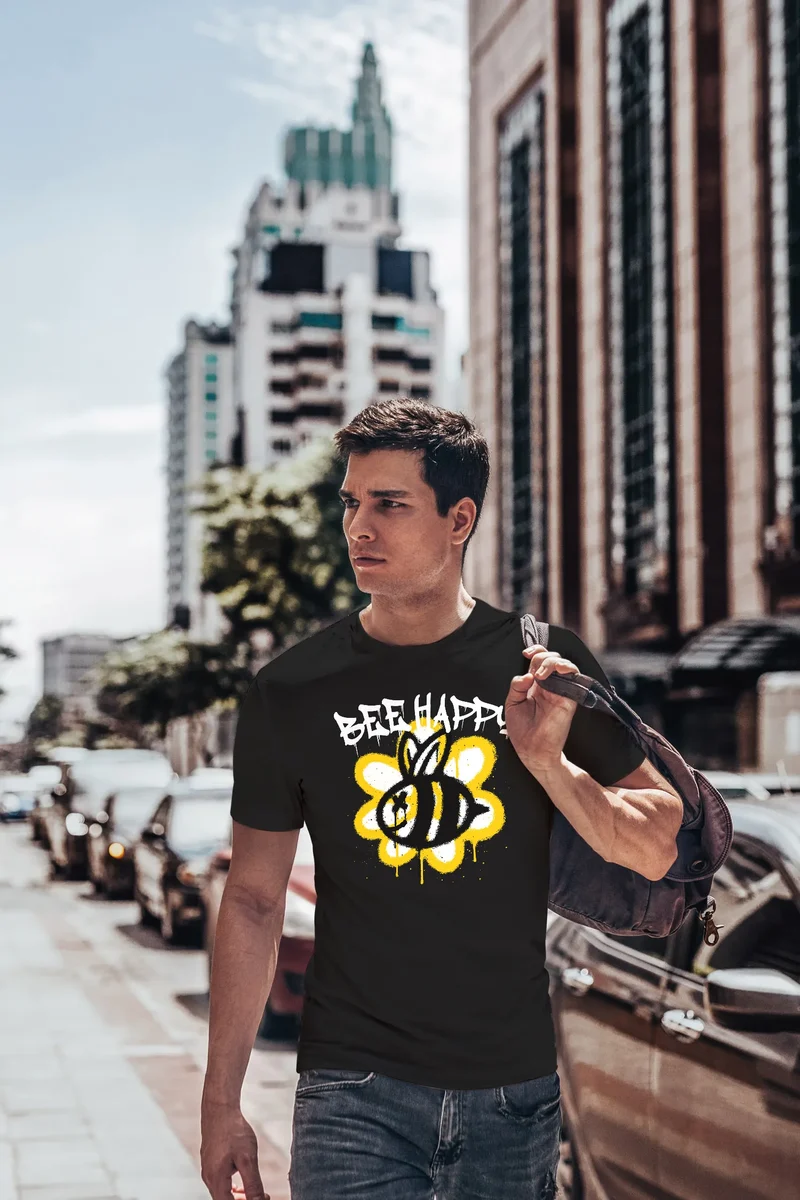 Herren T-Shirt Aufdruck Bee Happy Biene Blume Graffiti SchriftzugFashion Streetstyle