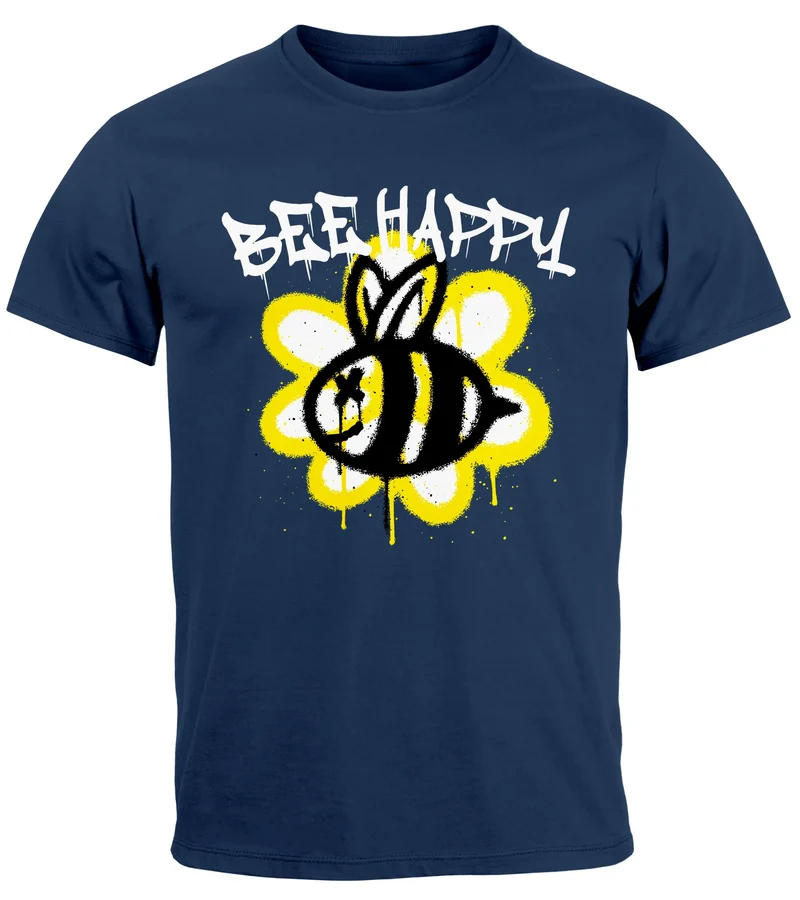 Herren T-Shirt Aufdruck Bee Happy Biene Blume Graffiti SchriftzugFashion Streetstyle