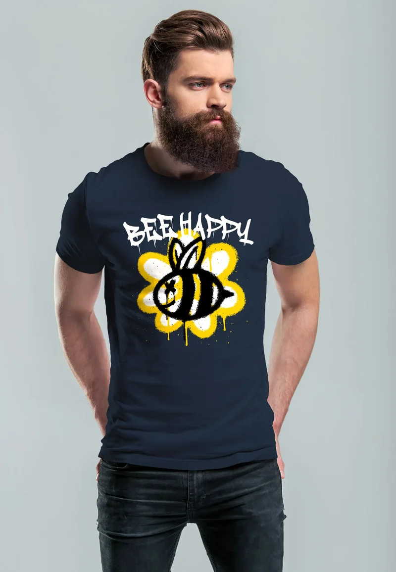 Herren T-Shirt Aufdruck Bee Happy Biene Blume Graffiti SchriftzugFashion Streetstyle