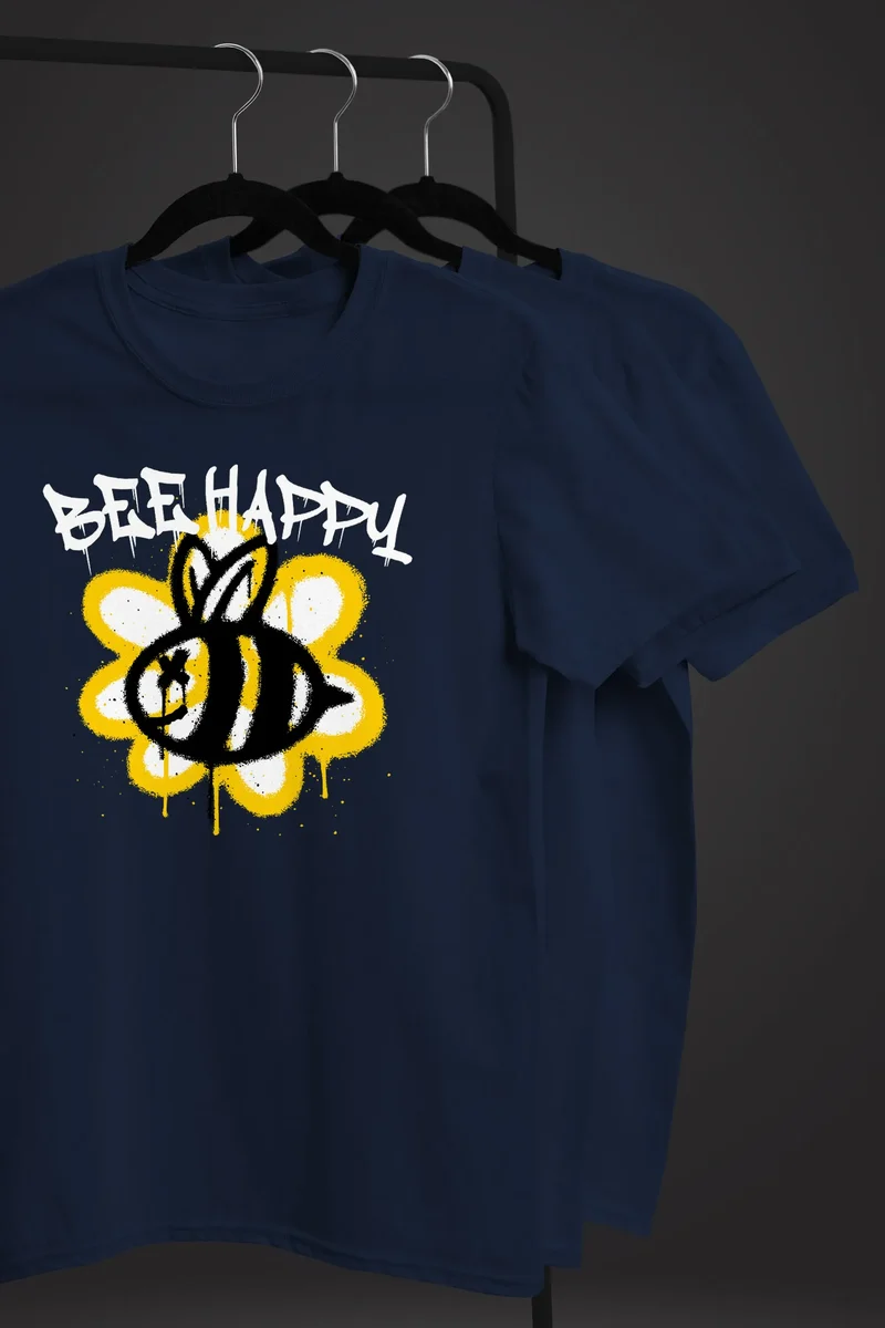 Herren T-Shirt Aufdruck Bee Happy Biene Blume Graffiti SchriftzugFashion Streetstyle