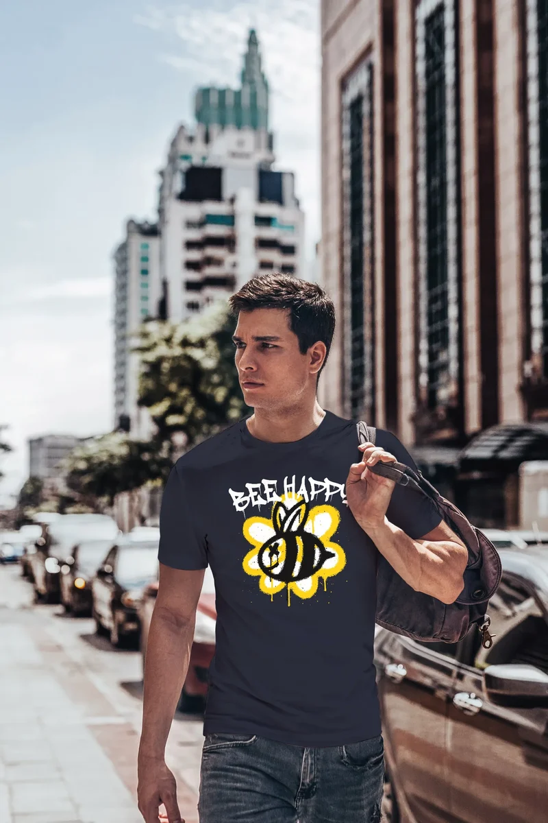 Herren T-Shirt Aufdruck Bee Happy Biene Blume Graffiti SchriftzugFashion Streetstyle