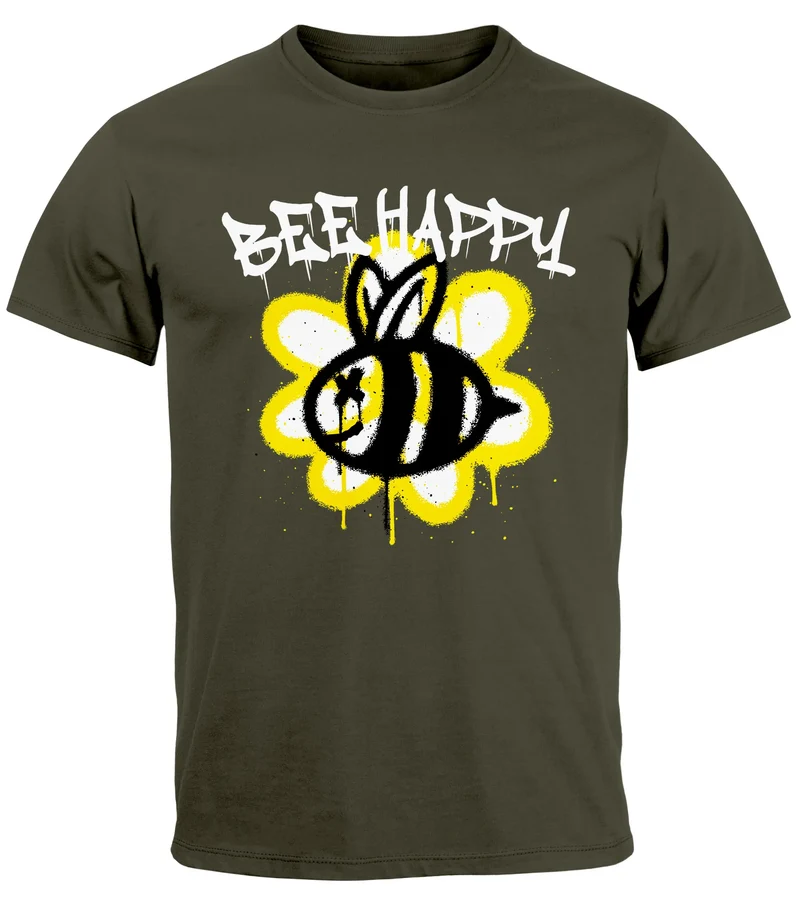 Herren T-Shirt Aufdruck Bee Happy Biene Blume Graffiti SchriftzugFashion Streetstyle