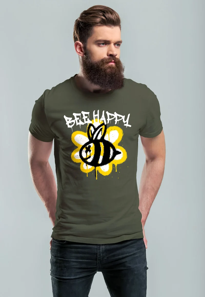 Herren T-Shirt Aufdruck Bee Happy Biene Blume Graffiti SchriftzugFashion Streetstyle