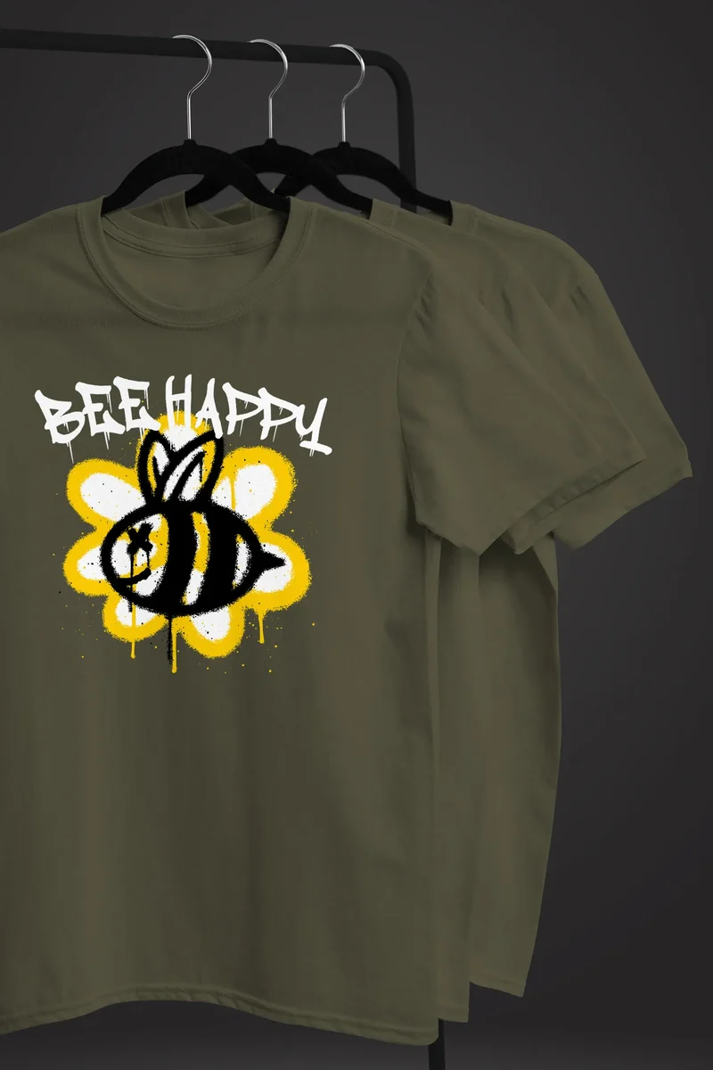 Herren T-Shirt Aufdruck Bee Happy Biene Blume Graffiti SchriftzugFashion Streetstyle