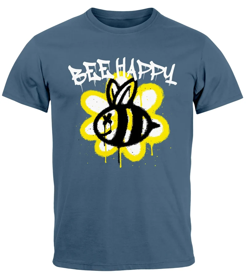 Herren T-Shirt Aufdruck Bee Happy Biene Blume Graffiti SchriftzugFashion Streetstyle