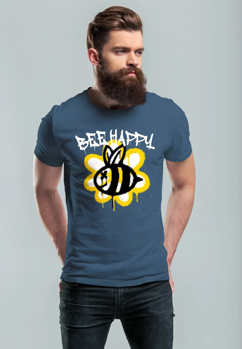 Herren T-Shirt Aufdruck Bee Happy Biene Blume Graffiti SchriftzugFashion Streetstyle