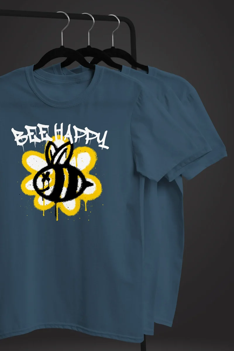 Herren T-Shirt Aufdruck Bee Happy Biene Blume Graffiti SchriftzugFashion Streetstyle