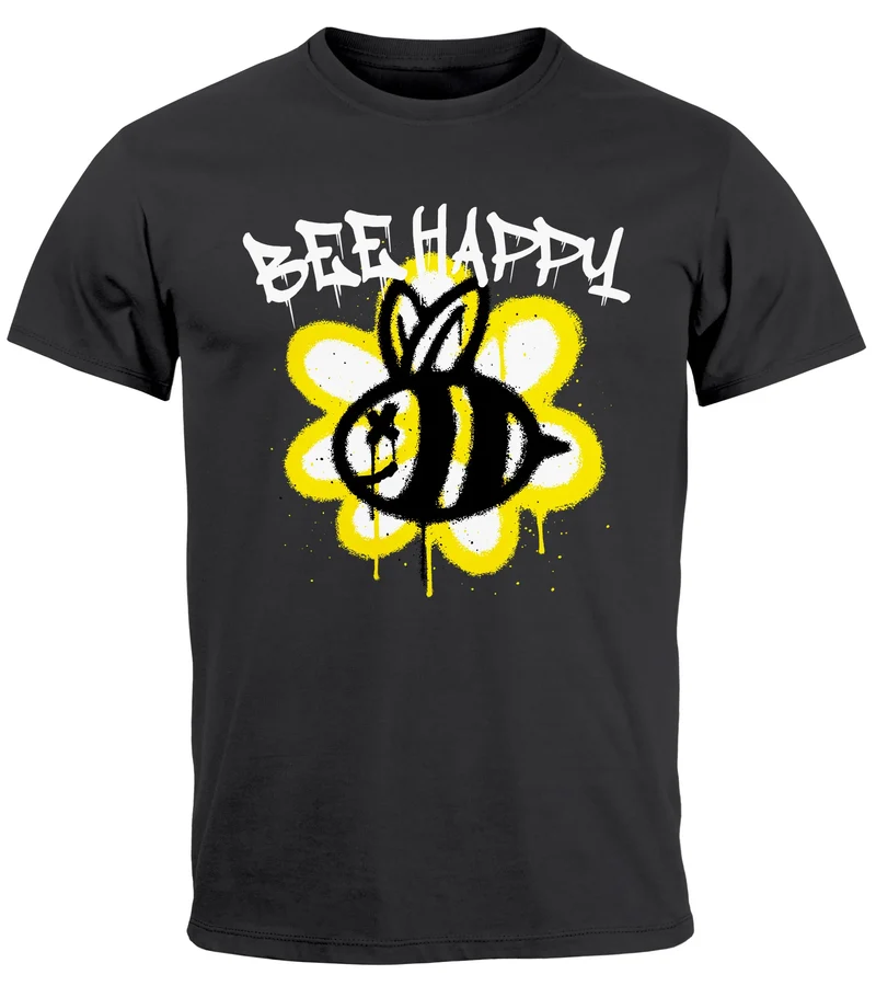 Herren T-Shirt Aufdruck Bee Happy Biene Blume Graffiti SchriftzugFashion Streetstyle