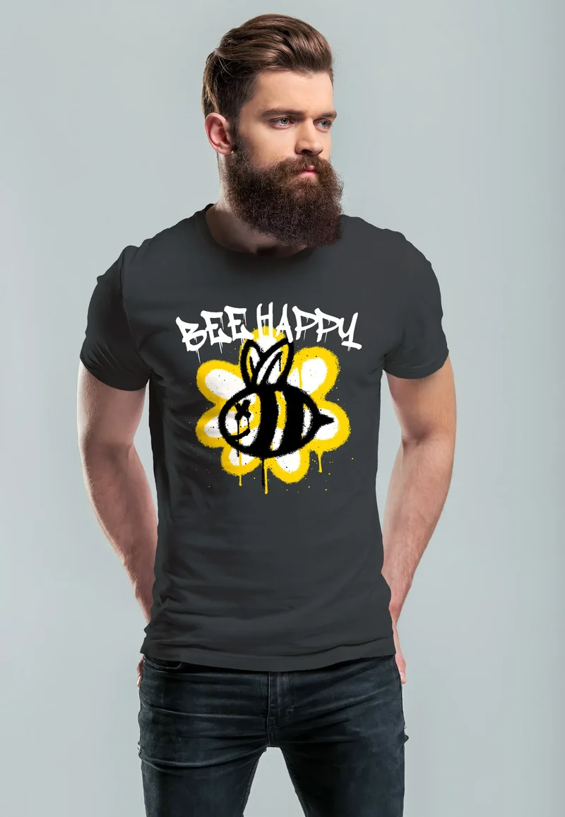 Herren T-Shirt Aufdruck Bee Happy Biene Blume Graffiti SchriftzugFashion Streetstyle