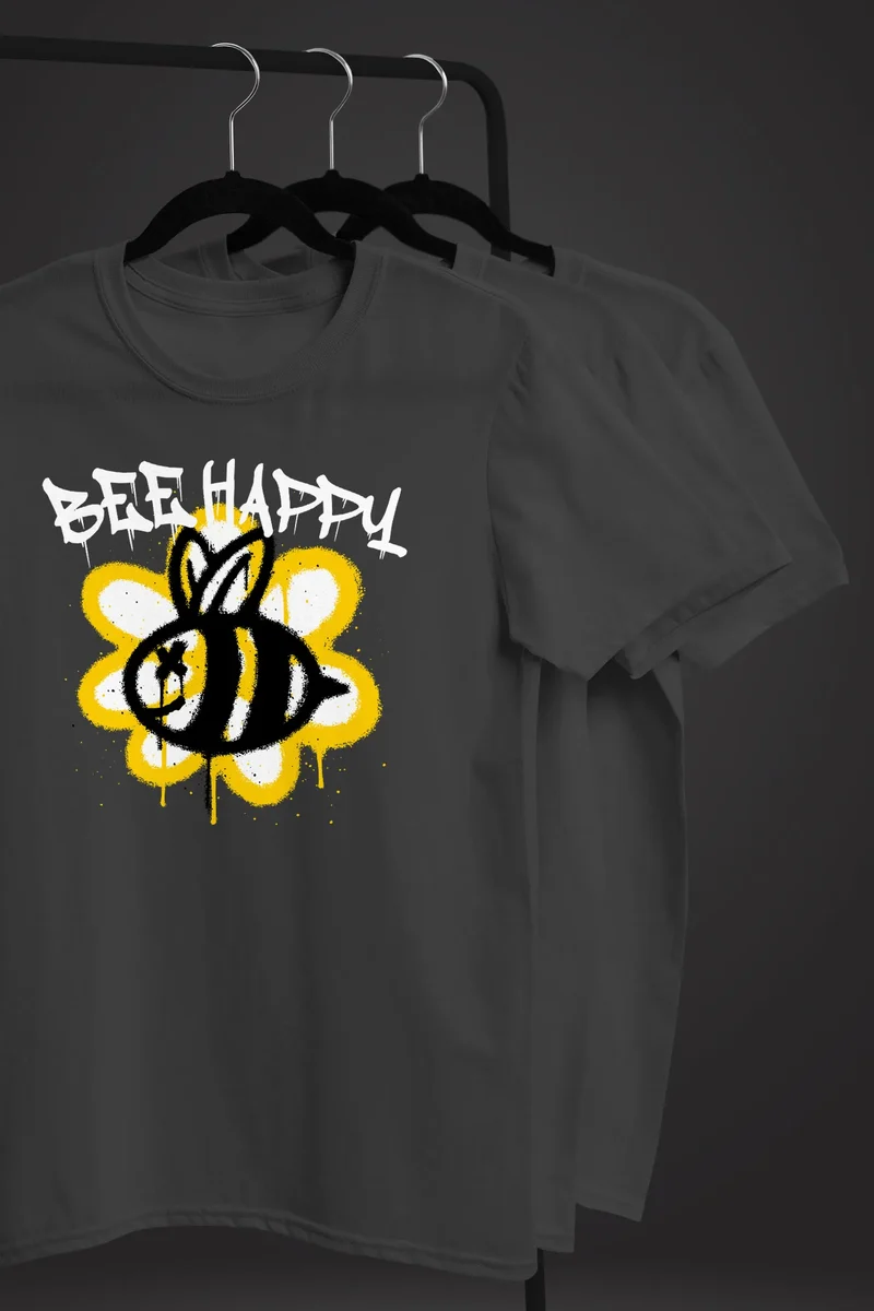 Herren T-Shirt Aufdruck Bee Happy Biene Blume Graffiti SchriftzugFashion Streetstyle