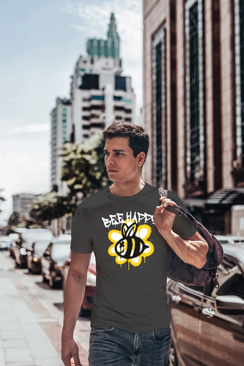 Herren T-Shirt Aufdruck Bee Happy Biene Blume Graffiti SchriftzugFashion Streetstyle