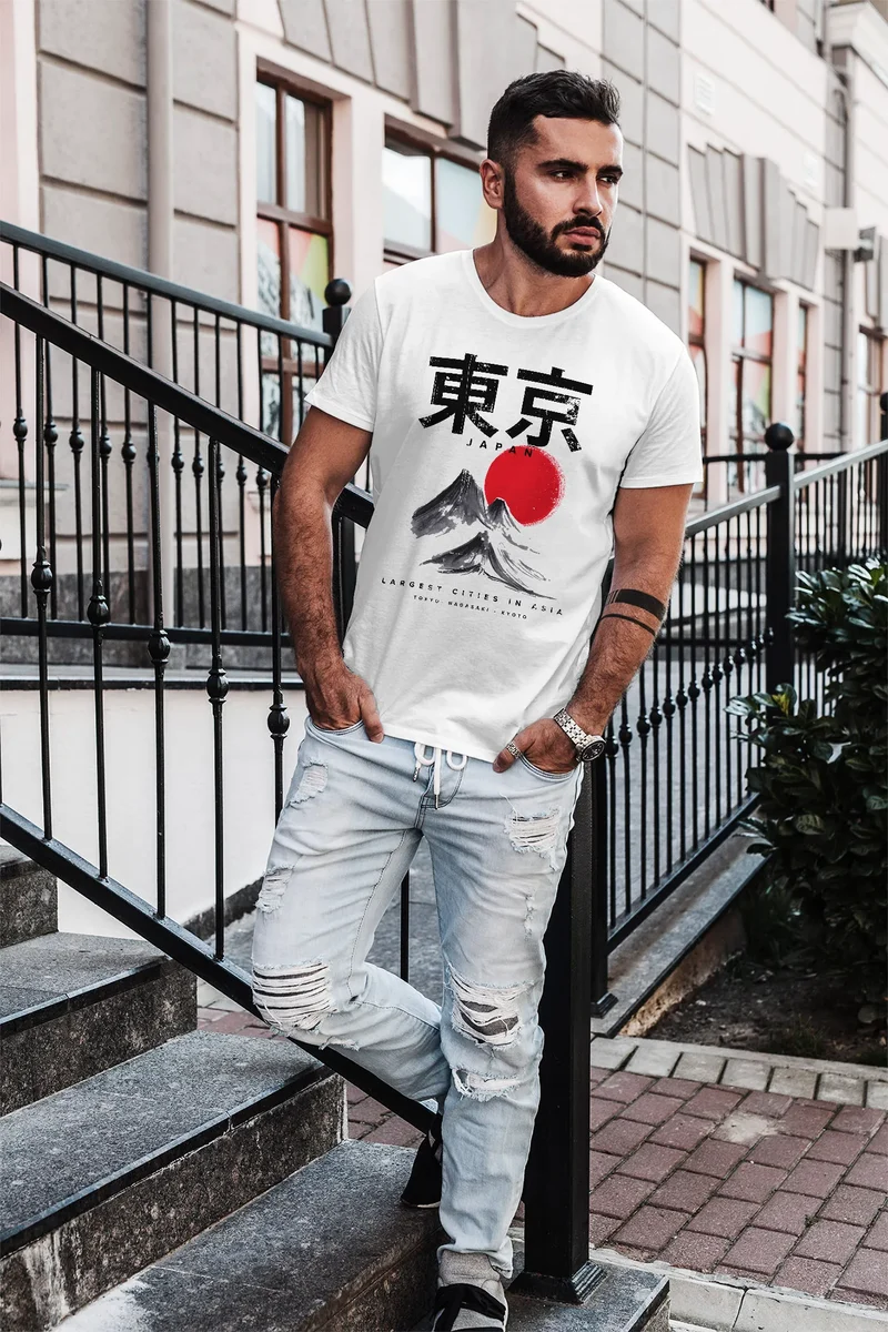 Herren T-Shirt Tokyo Asia Japan Berge City Urban Kanji Slim Fit