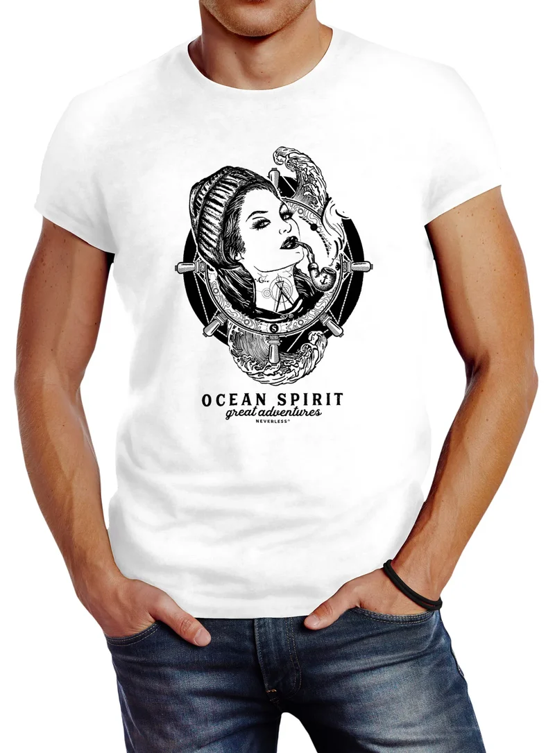 Herren T-Shirt Woman Sailor Captain Pin-Up Kapitän Slim Fit