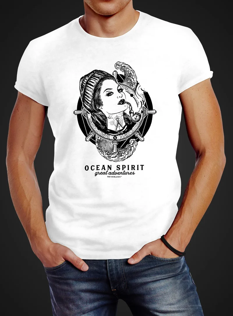 Herren T-Shirt Woman Sailor Captain Pin-Up Kapitän Slim Fit