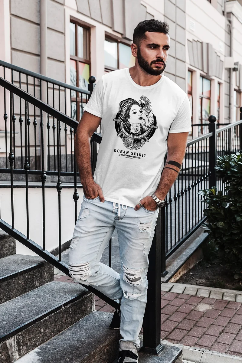 Herren T-Shirt Woman Sailor Captain Pin-Up Kapitän Slim Fit