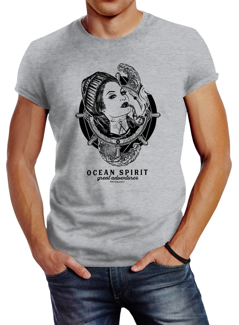 Herren T-Shirt Woman Sailor Captain Pin-Up Kapitän Slim Fit