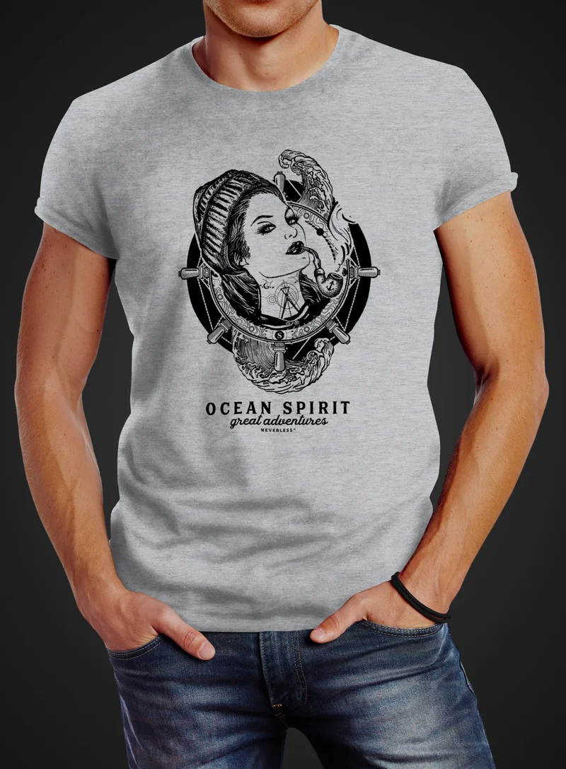 Herren T-Shirt Woman Sailor Captain Pin-Up Kapitän Slim Fit