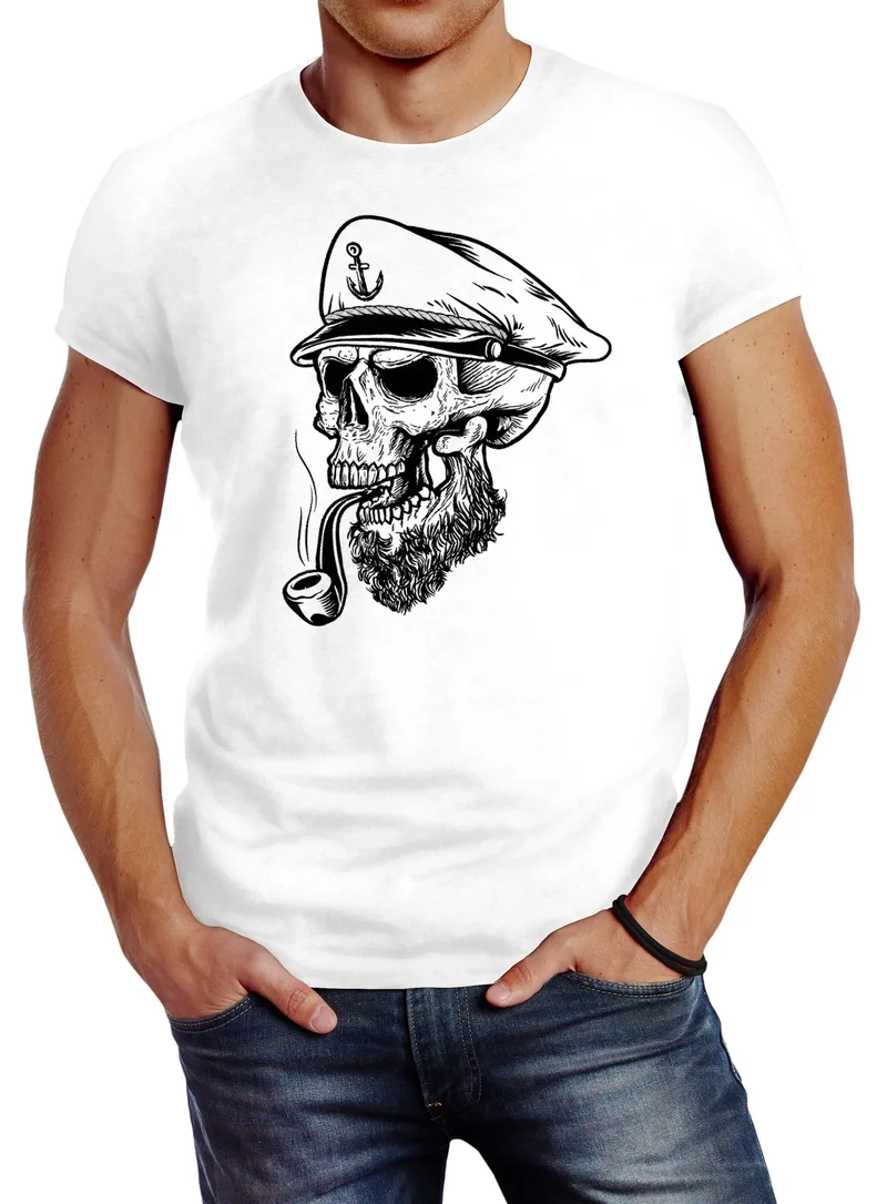 Herren T-Shirt Captain Skull Beard Kapitän Totenkopf Bard Sailor Schädel Slim Fit