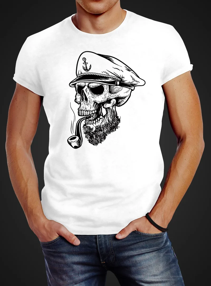 Herren T-Shirt Captain Skull Beard Kapitän Totenkopf Bard Sailor Schädel Slim Fit